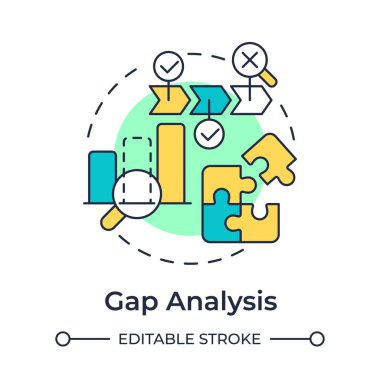 Gap analizi çok renkli konsept simgesi. Mevcut ve gelecekteki durumları tutarsızlıkları vurgulamak için karşılaştırmak. Yuvarlak şekil çizimi. Soyut bir fikir. Grafik tasarımı. Günlük paylaşımında kullanması kolay