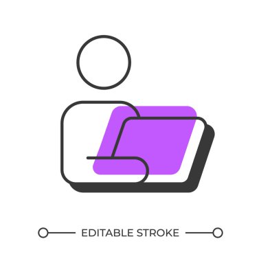 Dizüstü bilgisayarı olan gölge çizgi simgesi. Bilgisayar üzerinde çalışan bir kullanıcı. Dijital teknoloji. Uzak bir işyeri. Koyu mor dolgulu kalın ana hatlı sembol. Modern düz çizim. Düzenlenebilir vuruş