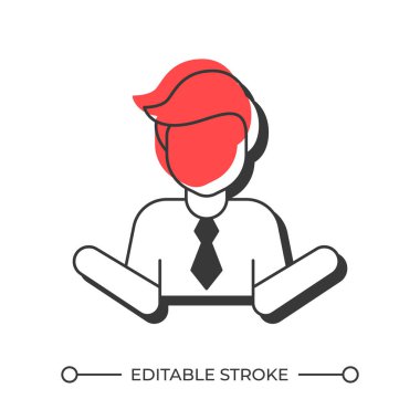 Omuz silken iş adamı gölge çizgisi simgesi. Erkek ofis çalışanı şüphe gösteriyor. İş yerinde yetersizlik. Katı kırmızı dolgulu kalın ana hatlı sembol. Modern düz çizim. Düzenlenebilir vuruş
