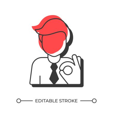 Business sperson, OK 'a gölge çizgisi simgesi veriyor. Erkek ofis çalışanı anlaşma yapıyor. Başarı. Katı kırmızı dolgulu kalın ana hatlı sembol. Modern düz çizim. Düzenlenebilir vuruş