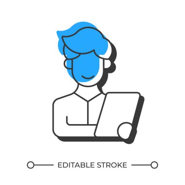 Pano ofset gölge çizgi simgesi ile iş adamı. Arkadaş canlısı şirket çalışanı evrak işleriyle uğraşıyor. İş için. Katı mavi dolgulu kalın ana hatlı sembol. Modern düz çizim. Düzenlenebilir vuruş