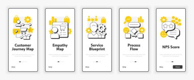 Gap analiz araçları ekranda seyyar. Şirket performans geliştirme UX UI illüstrasyonu. Sarı aksanlı düz çizgili simgeler. Informa Pro Bold, Montserrat Light yazı tipleri kullanıldı
