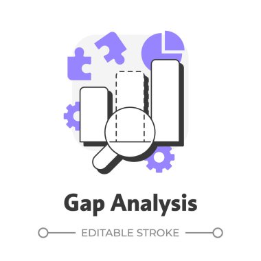Gap analizi düz ana hatlı konsept simgesi. Mevcut ve gelecekteki durumları tutarsızlıkları vurgulamak için karşılaştırmak. İş başarısı. Mor şekilli modern çizgi çizimi. Kavramsal görsel. Düzenlemesi kolay