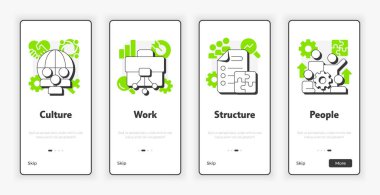 Nadler Tushman uyumlu mobil çerçeve ekranda. Gap analiz yöntemleri UX UI illüstrasyonu. Yeşil aksanlı düz çizgili taslak simgeler. Informa Pro Bold, Montserrat Light yazı tipleri kullanıldı