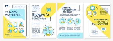 Kapasite yönetimi sarı ve mavi broşür. Stratejiler, süreçler ve faydaları. Renk çizgisi simgeli broşür reklam tasarımı. Düzenlenebilir 4 sayfa. Questrial, Lato-Düzenli yazı tipleri
