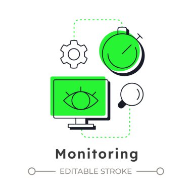 Modern doğrusal konsept simgesinin izlenmesi. Organizasyon performansının takibi. Kapasite yönetim süreçlerini hızlandırın. Noktalı çizgilerle birleştirilmiş düz ana hatlar. Yaratıcı görsel. Düzenlemesi kolay