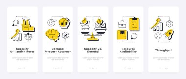 Kapasite yönetimi ölçümleri mobil uygulama ekranlarda. İş kaynakları organizasyonu ve veri analizleri. Düz UI UX tasarımı, ana hatları konseptsel olan sarı renklendirme. Kullanılan Lexend yazı tipi