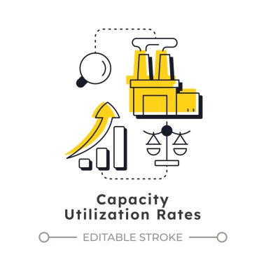 Kapasite kullanımı modern doğrusal konsept simgesini sınıflandırır. Atık ve aşırı kullanımı tanımla. Kaynak yönetimi metriği. Noktalı çizgilerle birleştirilmiş düz ana hatlar. Yaratıcı görsel. Düzenlemesi kolay