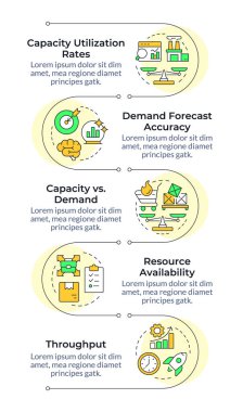Kapasite yönetimi metrikleri bilgisel dikey dizi. İş kaynakları ve veri analizleri. 5 adımlı görselleştirme bilgi tablosu. Daireler iş akışı. Montserrat Yarı Kalın, Lato Düzenli yazı tipleri