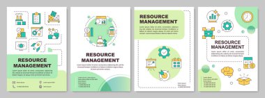 Kapasite yönetimi yeşil daire broşürü. Organizasyon geliştirme planı. Renk çizgisi simgeli broşür reklam tasarımı. Düzenlenebilir 4 sayfa. Kullanılan Arial-Kalın, Myriad Pro-Normal yazı tipleri