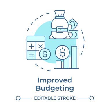 Yumuşak mavi konsept ikonu geliştirme bütçesi. Mali sürprizleri azaltır. Kapasite düzenlemesinin faydaları. Yuvarlak şekil çizimi. Soyut bir fikir. Grafik tasarımı. Sunumda kullanması kolay