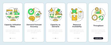 Mobil uygulama ekranında kapasite yönetim ölçümleri. İş için. Doğrusal kavramlarla düzenlenebilir grafik yönergelerini 5 adımda gezdir. UI, UX, GUI. Montserrat Yarı Kalın, Düzenli yazı tipleri