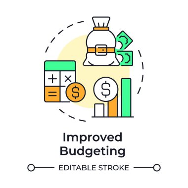 Çok renkli konsept ikonu geliştirme bütçesi. Mali sürprizleri azaltır. Kapasite düzenlemesinin faydaları. Yuvarlak şekil çizimi. Soyut bir fikir. Grafik tasarımı. Sunumda kullanması kolay