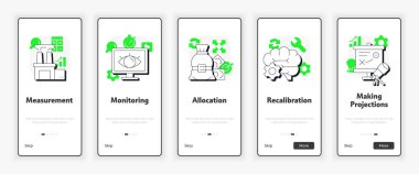 Kapasite yönetimi işlemleri mobil ekranda. Organizasyon geliştirme UX UI illüstrasyonu. Yeşil aksanlı düz çizgili taslak simgeler. Informa Pro Bold, Montserrat Light yazı tipleri kullanıldı