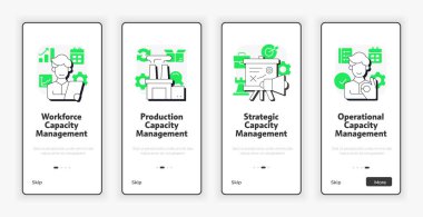 Kapasite yönetimi araçlarının türleri ekranda. Kaynaklar optimizasyonu. UX UI illüstrasyon Düz taslak taslak yeşil aksanlı simgeler. Informa Pro Bold, Montserrat Light yazı tipleri kullanıldı