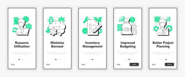 Kapasite yönetimi mobil ekranının faydaları. Şirket UX UI illüstrasyonunu planlıyor. Yeşil aksanlı düz çizgili taslak simgeler. Informa Pro Bold, Montserrat Light yazı tipleri kullanıldı