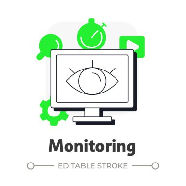 Düz hatlı konsept simgesi izleniyor. Şirket performansının takibi. Kapasite yönetim süreçlerini hızlandırın. Yeşil kabartmalı modern çizgi çizimi. Kavramsal görsel. Düzenlemesi kolay