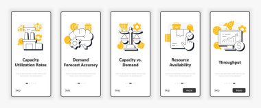 Kapasite yönetimi ölçümleri mobil ekranda. İş organizasyonu UX UI illüstrasyon. Sarı aksanlı düz çizgili simgeler. Informa Pro Bold, Montserrat Light yazı tipleri kullanıldı