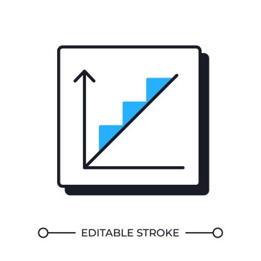 Gölge çizgisi simgesini dengeleyen üçgenlerle yükselen grafik. Gelişmeyi sunan bilgi grafiği. Veri analizi. Katı mavi dolgulu kalın ana hatlı sembol. Modern düz çizim. Düzenlenebilir vuruş