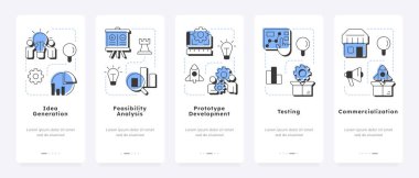 Yenilik hunisi mobil uygulama ekranlarda. Pazarlama araştırması. İş geliştirme yönetimi. Düz UI UX tasarımı, kavramsal tasarım simgeleriyle mavi ışıklandırma. Kullanılan Lexend yazı tipi