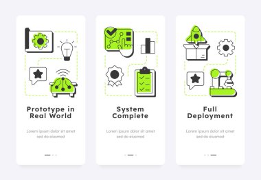 Teknolojinin hazır olma seviyeleri seyyar uygulama ekranlarda. Sevkiyat aşaması. Ürün geliştirme yönetimi. Düz UI UX tasarımı, taslak simgeli yeşil ışıklandırma kavramsal. Kullanılan Lexend yazı tipi