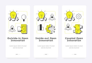 Açık yenilikçi mobil uygulama modelleri ekranlarda. Araştırma ve geliştirme yönetimi. İş için. Düz UI UX tasarımı, ana hatları konseptsel olan sarı renklendirme. Kullanılan Lexend yazı tipi