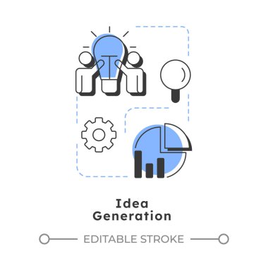 Fikir üretimi modern doğrusal konsept simgesi. Beyin fırtınası, araştırma, geri bildirim gözlemleri. Yenilik hunisi. Noktalı çizgilerle birleştirilmiş düz ana hatlar. Yaratıcı görsel. Düzenlemesi kolay