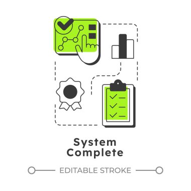Sistem tamamen modern doğrusal konsept simgesi. Ürün sertifikası. Teknolojiye hazırlık seviyesi. Sevkiyat aşaması. Noktalı çizgilerle birleştirilmiş düz ana hatlar. Yaratıcı görsel. Düzenlemesi kolay