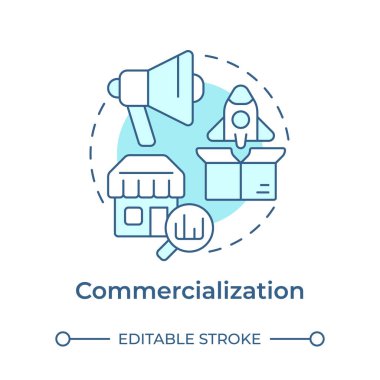 Ticaretin yumuşak mavi konsept simgesi. Ürün ve hizmeti pazara tanıtmak. Yenilik hunisi. Yuvarlak şekil çizimi. Soyut bir fikir. Grafik tasarımı. Broşürde kullanması kolay