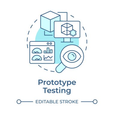 Yumuşak mavi konsept simgesini test eden prototip. Ürüne ulaşılıyor. Teknolojiye hazırlık seviyesi. Geliştirme aşaması. Yuvarlak şekil çizimi. Soyut bir fikir. Grafik tasarımı. Broşürde kullanması kolay