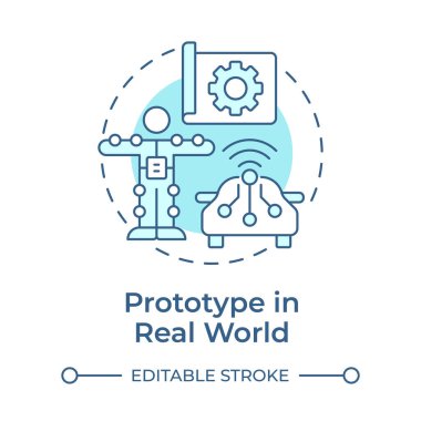 Gerçek dünyada prototip yumuşak mavi konsept ikonu. Pilot ürünü. Teknolojiye hazırlık seviyesi. Sevkiyat aşaması. Yuvarlak şekil çizimi. Soyut bir fikir. Grafik tasarımı. Broşürde kullanması kolay