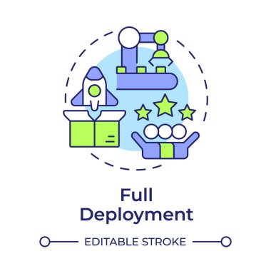 Tam dağıtım çok renkli konsept simgesi. Operasyonel kullanım. Teknolojiye hazırlık seviyesi. Ürün geliştirme. Yuvarlak şekil çizimi. Soyut bir fikir. Grafik tasarımı. Broşürde kullanması kolay