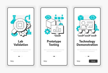 Teknolojiye hazırlık seviyeleri ekranda. Geliştirme aşama yönetimi UX UI illüstrasyonu. Mavi aksanlı düz çizgili taslak simgeler. Informa Pro Bold, Montserrat Light yazı tipleri kullanıldı