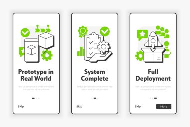 Teknoloji hazır olma seviyeleri ekranda. UX UI illüstrasyonunu analiz etme safhası. Yeşil aksanlı düz çizgili taslak simgeler. Informa Pro Bold, Montserrat Light yazı tipleri kullanıldı
