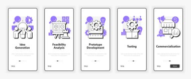 Yenilik hunisi mobil ekranda. Pazarlama araştırma ve geliştirme stratejisi UX UI illüstrasyonu. Mor aksanlı düz taslak simgeler. Informa Pro Bold, Montserrat Light yazı tipleri kullanıldı
