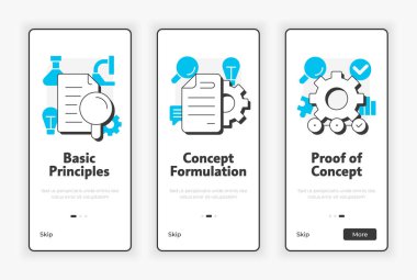 Teknoloji hazır olma seviyeleri ekranda. UX UI illüstrasyonunun araştırma aşaması. Mavi aksanlı düz çizgili taslak simgeler. Informa Pro Bold, Montserrat Light yazı tipleri kullanıldı