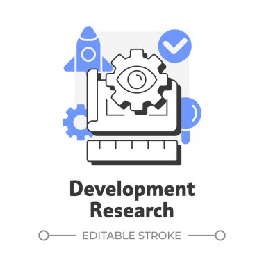 Gelişim araştırması düz ana hatlı konsept simgesi. Kavrayışları somut sonuçlara dönüştürüyor. Keşif süreci. Mavi kabartmalı modern çizgi çizimi. Kavramsal görsel. Düzenlemesi kolay