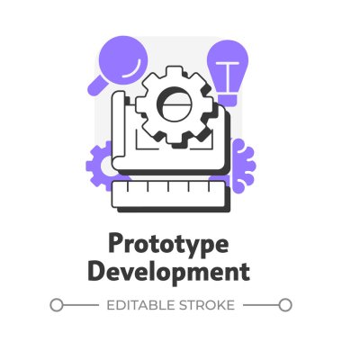 Prototip geliştirme düz taslak konsept simgesi. Ürünün çalışma modeli oluşturuluyor. Tasarım. Yenilik hunisi. Mor şekilli modern çizgi çizimi. Kavramsal görsel. Düzenlemesi kolay