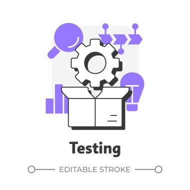 Düz çizgi konsept simgesi deneniyor. Kontrol altındaki gerçek dünya koşulları altında prototip değerlendirmesi. Yenilik hunisi. Mor şekilli modern çizgi çizimi. Kavramsal görsel. Düzenlemesi kolay