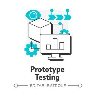 Prototip test düz hatlı konsept ikonu. Ürüne ulaşılıyor. Teknolojiye hazırlık seviyesi. Geliştirme aşaması. Mavi kabartmalı modern çizgi çizimi. Kavramsal görsel. Düzenlemesi kolay