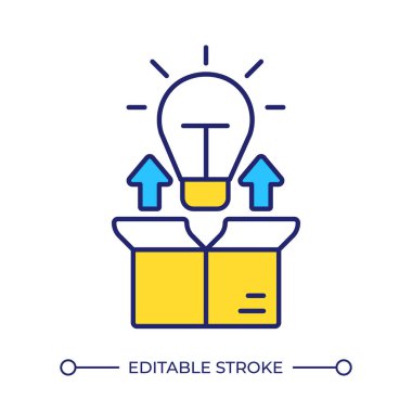 Kutu çizgisi renk simgesinin dışında düşün. Konteynırın üzerinde parlayan lamba. İş için yaratıcı fikirler üretmek. İzole vektör çizimi. Düz renkli sembol tasarımı. Düzenlenebilir vuruş