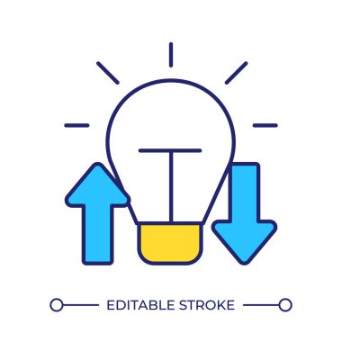 Fikir alışverişi renk simgesi. Oklarla parlayan ampul. Üretkenlik bakımı için yaratıcı öngörüyü paylaşıyoruz. İzole vektör çizimi. Düz renkli sembol tasarımı. Düzenlenebilir vuruş