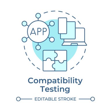Uyumluluk testi yumuşak mavi konsept simgesi. Yazılım geliştirme, çapraz form. Yuvarlak şekil çizimi. Soyut bir fikir. Grafik tasarımı. Bilgide ve sunumda kullanması kolay