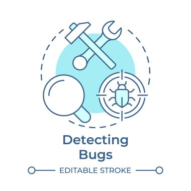 Böcekler tespit ediliyor. Yumuşak mavi konsept simgesi. Yazılım mühendisliği. Sistem bakımı. Yuvarlak şekil çizimi. Soyut bir fikir. Grafik tasarımı. Bilgide ve sunumda kullanması kolay