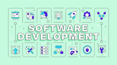 Yazılım geliştirme yeşil kelime kavramı. Veri yönetimi, programlama. Sistem testi. Tipografi afişi. Başlık metniyle vektör illüstrasyonu, düzenlenebilir simge rengi. İnbot Sans yazı tipi kullanıldı