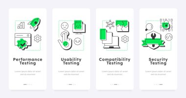 Ekranlarda fonksiyonel olmayan test tipi mobil uygulamalar var. Yazılım kullanılabilirliği, uyumluluk. Siber güvenlik. Düz UI UX tasarımı, taslak simgeli yeşil ışıklandırma kavramsal. Kullanılan Lexend yazı tipi