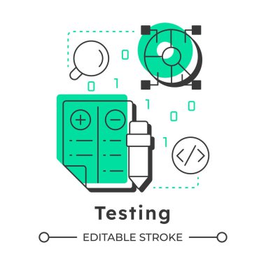 Modern doğrusal konsept simgesi deneniyor. Kodlama, programlama. Bilanço, muhasebe. İstatistiksel diyagram. Noktalı çizgilerle birleştirilmiş düz ana hatlar. Yaratıcı görsel. Düzenlemesi kolay