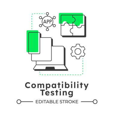 Uyumluluk testi modern doğrusal konsept simgesi. Yazılım geliştirme, çapraz form. Bulut teknolojisi. Noktalı çizgilerle birleştirilmiş düz ana hatlar. Yaratıcı görsel. Düzenlemesi kolay
