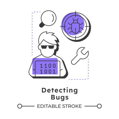 Böcekleri tespit etmek modern doğrusal konsept simgesi. Yazılım mühendisliği, geliştirici. Sistem bakımı, soru-cevap testi. Noktalı çizgilerle birleştirilmiş düz ana hatlar. Yaratıcı görsel. Düzenlemesi kolay