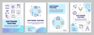 Yazılım, mavi gradyan broşürü test ediyor. Veri şifreleme, erişim kontrolü. Renk çizgisi simgeli broşür reklam tasarımı. Düzenlenebilir 4 sayfa. Arial-Kalın, Myriad Pro-Normal yazı tipleri kullan